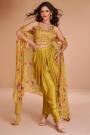 Ready To Wear Mustard Satin Silk Embroidered Top & Dhoti Pant Set With Organza Cape