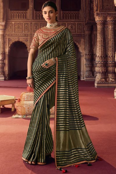 Deep Bottle Green Zari Woven & Embroidered Silk Saree