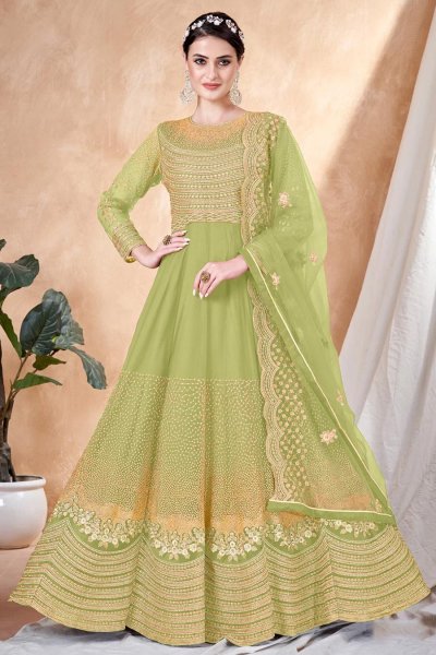 Lime Green Net Embroidered Anarkali Dress