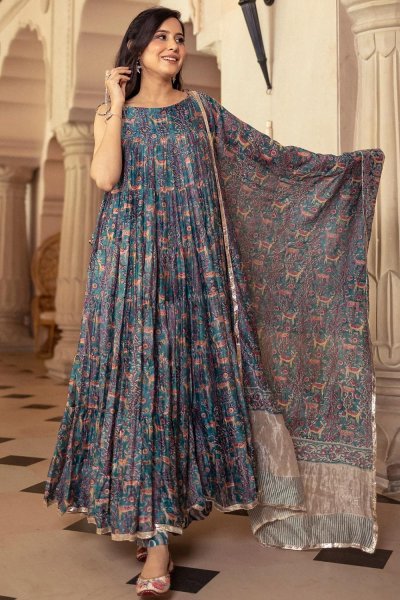 Ready To Wear Teal & Multicolor Chanderi Silk Printed Anarkali Suit