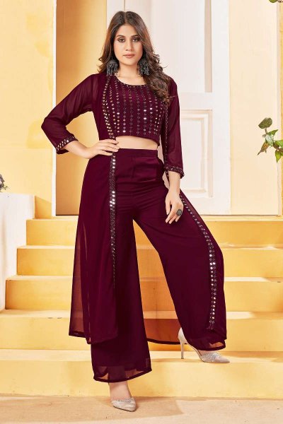Ready To Wear Maroon Indo Western Georgette Embroidered 3 Piece Set