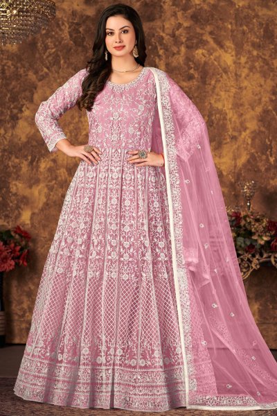 Light Pink Net Embroidered Anarkali Dress