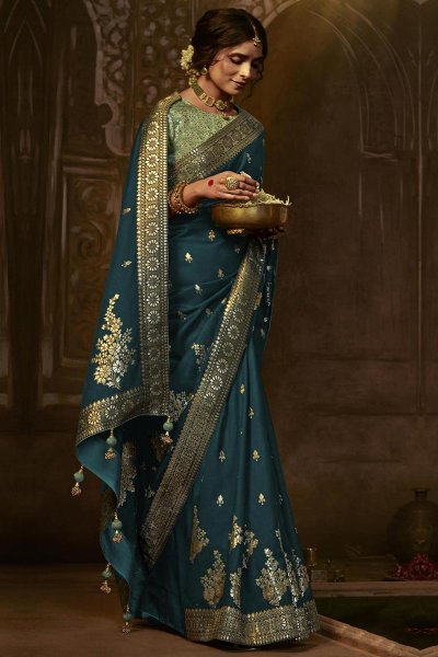Prussian Blue Silk Zari Weaved Saree