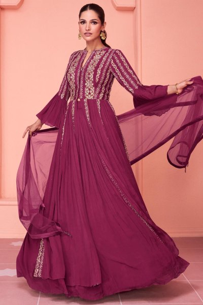 Magenta Embroidered Chinon Silk Anarkali Suit With Skirt