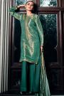 Teal Green Kimkhwab Silk Woven Kurta Set With Velvet Dupatta & Pashmina Bottom