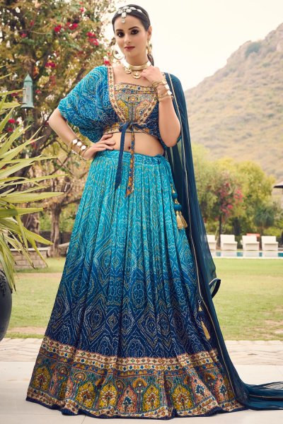 Ready To Wear  Blue Chinon Embroidered & Printed Lehenga Set