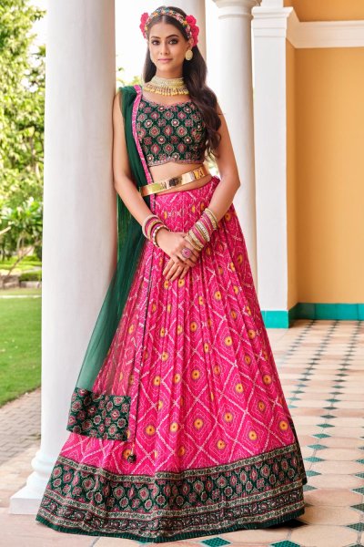Ready To Wear  Pink & Bottle Green Chinon Embroidered & Printed Lehenga Set