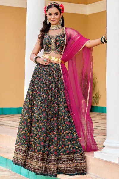 Ready To Wear  Teal Chinon Embroidered & Printed Lehenga Set