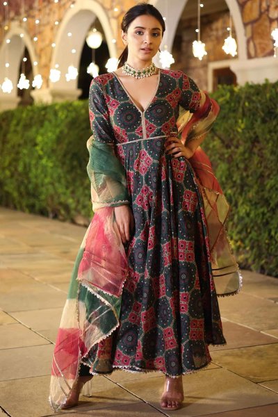 Multicolor Silk Printed Anarkali Dress