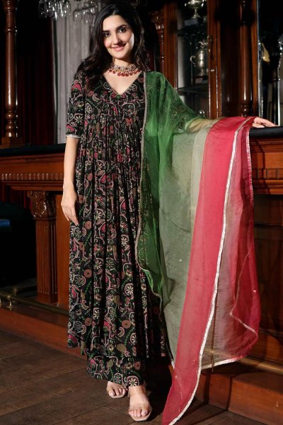 Black Silk Printed Anarkali Dress