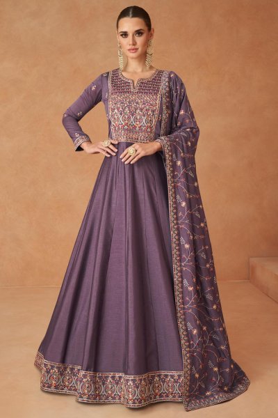 Dusty Purple Silk Embroidered Anarkali Dress With Dupatta