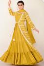 Mustard Yellow Chinon Silk Embroidered Anarkali Dress With Cape