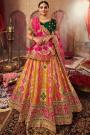 Yellow, Pink & Multicolor Banarasi Silk Embroidered Lehenga Set With Belt & Bag