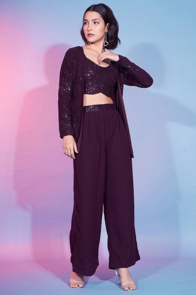 Ready To Wear Plum Georgette Co-ord Set With Jacket