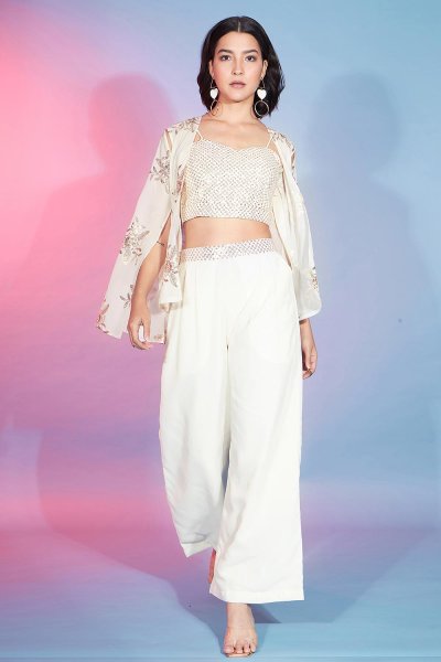 Ready To Wear Ivory Georgette Co-ord Set With Jacket