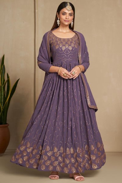 Dusty Purple Georgette Embroidered Anarkali Suit