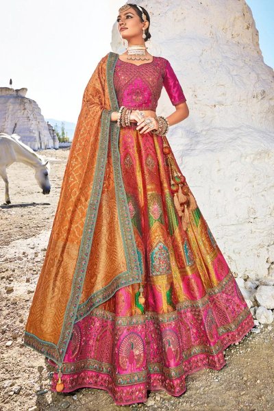 Multicolor & Magenta Banarasi Silk Jacquard Lehenga Set