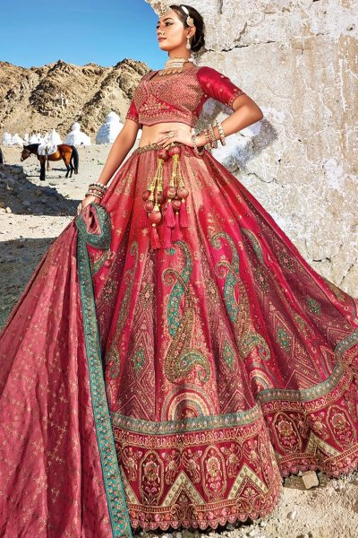 Deep Red Banarasi Silk Jacquard Lehenga Set