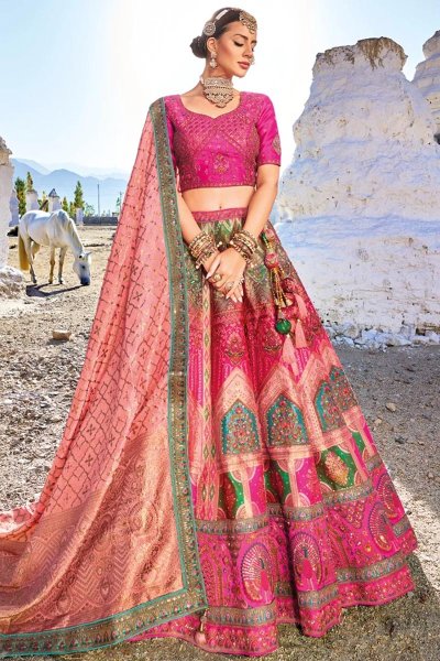 Pink Banarasi Silk Jacquard Lehenga Set