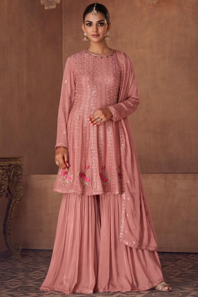 Dusty Pink Georgette Embroidered Kurta Set With Sharara