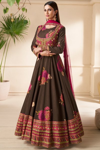 Chocolate Brown Silk Printed and Embroidered Anarkali Dress With Dupatta