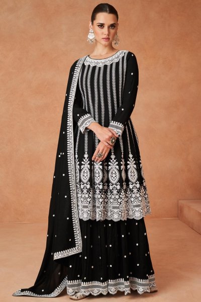 Black & White Silk Embroidered Kurta Set With Sharara