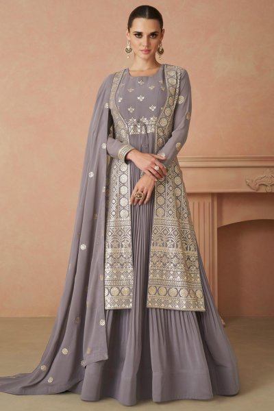 Dusty Lilac Georgette Embroidered Anarkali Dress With Dupatta