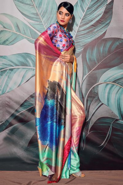 Multicolor Satin Crepe Printed Saree