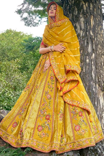 Mustard Banarasi Silk Embroidered Lehenga Set