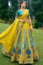 Yellow & Blue Banarasi Silk Embroidered Lehenga Set