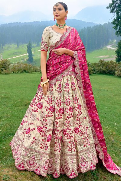 Ivory & Pink Banarasi Silk Embroidered Lehenga Set