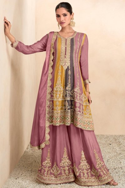 Dusty Pink & Multicolor Chinon Embroidered Kurta Set With Sharara