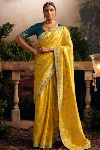 Yellow Silk Woven & Embroidered Border Saree