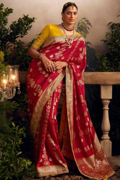 Red Silk Woven & Embroidered Border Saree