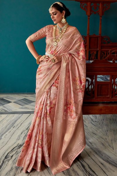 Peach Silk Woven & Printed Saree