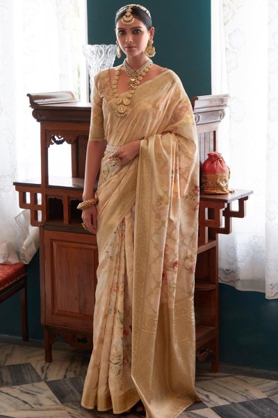 Cream Silk Woven & Printed Saree