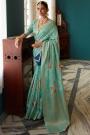 Turquoise Silk Woven & Printed Saree