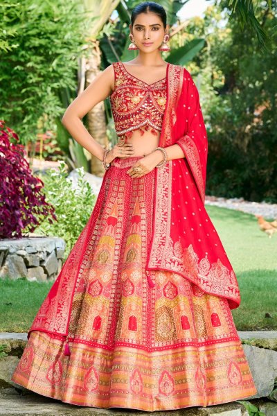 Red Banarasi Silk Woven Lehenga Set
