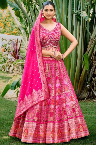 Stunning Bright Pink Banarasi Silk Woven Lehenga Set