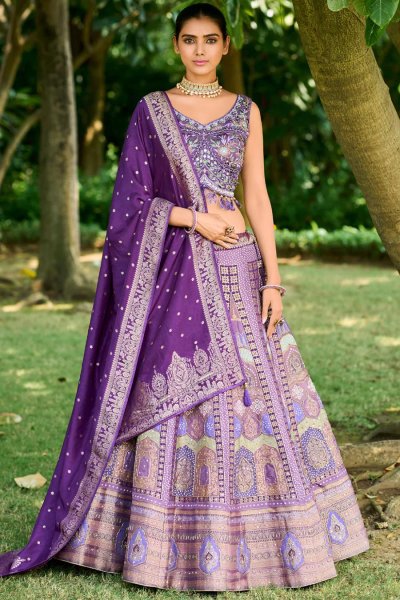 Plush Purple Banarasi Silk Woven Lehenga Set