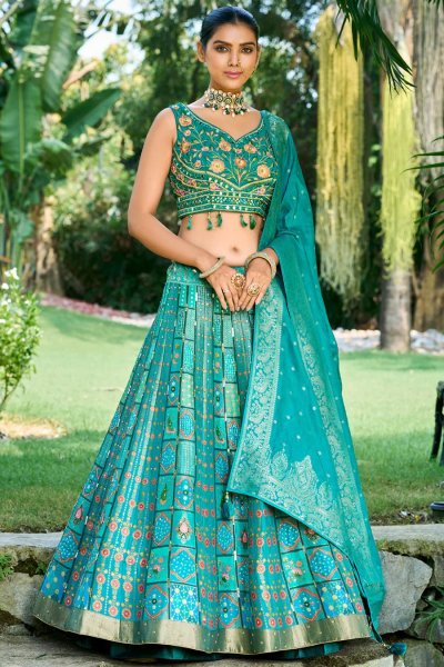 Turquoise & Teal Banarasi Silk Woven Lehenga Set