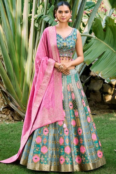 Green Pink Multicolour Banarasi Silk Woven Lehenga Set