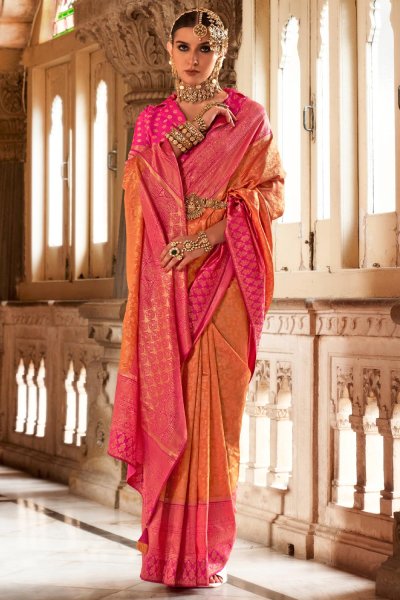 Orange & Pink Banarasi Silk Woven Saree