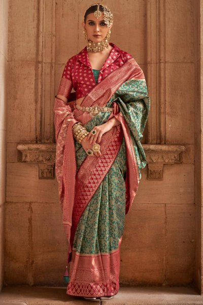 Teal Green & Red Banarasi Silk Woven Saree