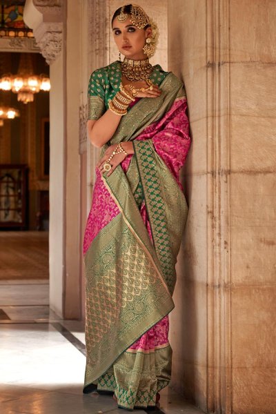 Pink & Dark Green Banarasi Silk Woven Saree