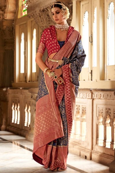 Navy Blue & Red Banarasi Silk Woven Saree