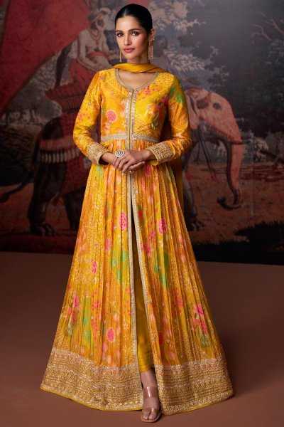 Bright Mustard Georgette Printed & Embroidered Front Slit Anarkali Dress