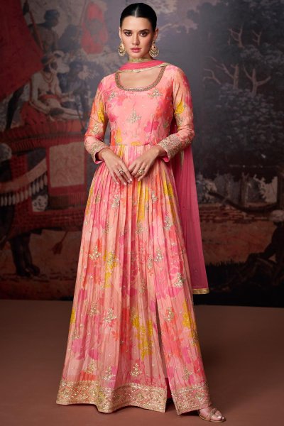 Peach Pink Georgette Printed & Embroidered Side Slit Anarkali Dress