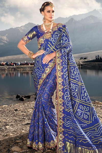 Royal Blue Satin Kutchi Embroidered & Printed Saree