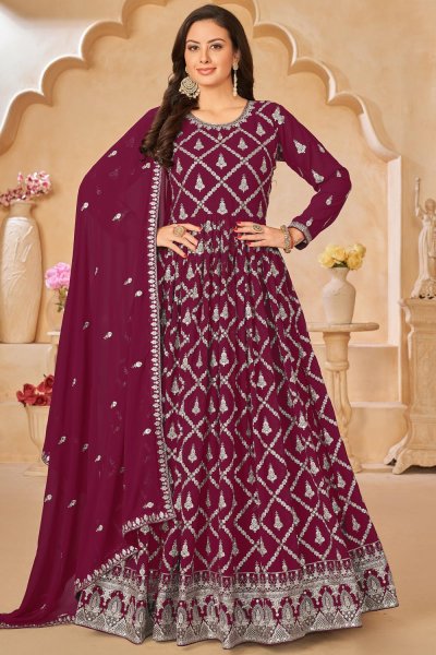 Maroon Georgette Embroidered Anarkali Dress